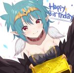  1girl absurdres black_feathers black_wings blue_hair blush breasts claws cleavage feathered_wings feathers gold_bar hair_between_eyes happy harpy highres holding hzhc indie_virtual_youtuber lincoro looking_at_viewer medium_breasts monster_girl pointy_ears red_eyes short_hair short_twintails smile solo tiara twintails virtual_youtuber winged_arms wings 