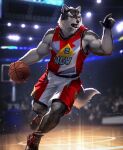  2023 amber_eyes anthro artist_name ball basketball basketball_(ball) basketball_court basketball_uniform biceps blurred_background canid canine canis clothed clothing colored countershade_arms countershade_face countershade_tail countershade_torso countershading fangs footwear fully_clothed fur gesture grey_body grey_countershading grey_fur hi_res kazashino male mammal multicolored_body multicolored_fur muscular muscular_male open_mouth pointing red_clothing red_footwear red_shoes shoes solo sport sportswear tail teeth two_tone_body two_tone_fur uniform white_clothing wolf 
