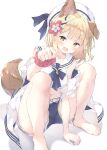  1girl animal_ears arm_support barefoot belt beret blonde_hair blue_bow blue_bowtie blue_ribbon blue_shorts blunt_bangs bow bowtie breasts brown_eyes brown_tail collarbone dog_ears dog_tail feet flower full_body granblue_fantasy hair_flower hair_ornament hat hat_ribbon jacket medium_breasts medium_hair off_shoulder parted_bangs paw_pose ribbon sailor_collar scrunchie short_shorts shorts solo squatting tail toenails toes ukiwakisen vajra_(granblue_fantasy) white_belt white_headwear white_jacket wrist_scrunchie 