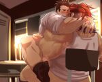  2boys anal arms_around_neck bara black_socks blush boogeyman_(housamo) bottomless calf chair_sex classroom clothes_pull desk feet_out_of_frame from_behind grabbing_another&#039;s_hair hand_tattoo highres large_pectorals leobongnana long_hair long_sideburns male_focus motion_lines multicolored_hair multiple_boys muscular muscular_male on_chair pants pants_pull pectorals ponytail protagonist_3_(housamo) school_desk sex short_hair sideburns sitting sitting_on_lap sitting_on_person sleeves_rolled_up socks straddling sunlight sweat tank_top tattoo teacher_and_student thick_eyebrows tokyo_afterschool_summoners two-tone_hair upright_straddle v-shaped_eyebrows very_sweaty white_tank_top yaoi 