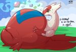  belly big_belly bodily_fluids dialogue female feral food force_feeding forced garuda_six generation_3_pokemon hand_on_stomach holding_stomach hyper hyper_belly immobile latias legendary_pokemon lying markings morbidly_obese morbidly_obese_female morbidly_obese_feral nintendo obese obese_female obese_feral on_back open_mouth overweight overweight_female overweight_feral pokemon pokemon_(species) red_body solo stuffing sweat text weight_gain white_body yellow_eyes 