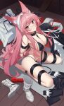  1girl alternate_costume animal_ear_fluff animal_ears arknights arms_behind_back barefoot between_breasts black_bra boots bound bound_arms bra breasts clothes_on_floor collar highres large_breasts leash leash_between_breasts long_hair pink_hair pozyomka_(arknights) qianshibu red_eyes red_rope restrained rope sitting solo underwear very_long_hair wariza wolf_ears wolf_girl 