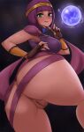  1girl ass blunt_bangs bottomless breasts circlet dark-skinned_female dark_skin fingerless_gloves from_behind gloves green_eyes hand_on_own_hip highres jewelry menat orb purple_hair purple_shawl pussy shawl short_hair solo street_fighter street_fighter_v themaru usekh_collar 
