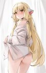  1girl ass bare_shoulders blonde_hair blush chii chobits closed_mouth clothes_lift flashing from_behind hair_tubes highres lifted_by_self looking_at_viewer looking_back nakony off_shoulder panties robot_ears shirt shirt_lift solo thighs underwear white_panties white_shirt yellow_eyes 