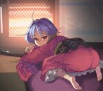  1girl ahoge ass barefoot blush closed_mouth dated feet heater japanese_clothes kimono long_sleeves no_headwear obi purple_hair red_eyes red_kimono sash short_hair soles solo sukuna_shinmyoumaru syope toes touhou twitter_username wide_sleeves 