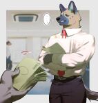  2023 aggretsuko anthro belt bottomwear brown_body brown_fur clothing duo fur haida_(aggretsuko) hi_res holding_money holding_object holding_paper hyena looking_at_viewer male mammal money necktie offering_money pants paper pluto08010511 pu94_d1de4c sanrio shirt solo_focus speech_bubble spotted_hyena topwear 