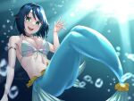  1girl :d air_bubble awono_nanaumi bikini blue_hair breasts bubble cleavage collarbone commentary_request fukami_nana green_eyes hair_flaps highres large_breasts mermaid monster_girl navel open_mouth original short_hair smile solo swimsuit teeth underwater upper_teeth_only 