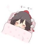  1girl black_hair blush chibi closed_eyes facing_viewer futon hair_between_eyes hat highres mini_hat parted_lips pillow red_headwear shameimaru_aya simple_background sleeping solo tokin_hat totoharu_(kujirai_minato) touhou translation_request under_covers white_background 