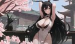  1girl absurdres animal_ears armpits bare_shoulders black_bra black_eyes black_hair blush bra breasts cherry_blossoms china_dress chinese_clothes cleavage crossed_bangs day dress highres kiek_qaq large_breasts long_hair looking_at_viewer no_panties original outdoors parted_lips rabbit_ears sleeveless sleeveless_dress smile solo underwear 