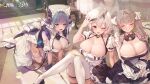  3girls absurdres animal_ears azur_lane bent_over blue_hair breasts brown_hair chair cheshire_(azur_lane) cleavage closed_eyes dress fake_animal_ears fallen_down fangs food food_on_face formidable_(azur_lane) frilled_dress frilled_sleeves frills garter_belt green_eyes hair_ribbon hand_up happy highres kanola_u large_breasts logo maid maid_headdress multicolored_hair multiple_girls official_art one_eye_closed open_mouth red_eyes ribbon scrunchie sirius_(azur_lane) skirt table thighhighs thighs twintails two-tone_hair white_garter_belt white_hair white_thighhighs wrist_scrunchie 