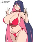  1girl bangs bare_arms bikini blunt_bangs blush breasts bright_pupils cameltoe cleavage colored_inner_hair donburi_(donburikazoku) double_v green_eyes huge_breasts long_hair looking_at_viewer multicolored_hair navel panty_&amp;_stocking_with_garterbelt pink_hair purple_hair red_bikini simple_background solo standing stocking_(psg) swimsuit v very_long_hair white_background white_pupils 
