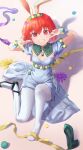  1girl absurdres animal_ears dress fake_animal_ears fire_emblem fire_emblem:_mystery_of_the_emblem fire_emblem:_shadow_dragon fire_emblem_heroes full_body green_footwear grin hair_between_eyes highres looking_at_viewer maria_(fire_emblem) maria_(spring)_(fire_emblem) mimi_(mimi_ganbaruzo) official_alternate_costume pantyhose puffy_short_sleeves puffy_sleeves rabbit_ears red_eyes red_hair shadow shoes short_hair short_sleeves smile solo white_pantyhose 