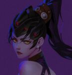  1girl close-up colored_skin earrings ericga from_side hair_pulled_back hair_up head-mounted_display high_ponytail jewelry lipstick long_hair looking_at_viewer makeup overwatch purple_background purple_lips purple_skin simple_background stud_earrings widowmaker_(overwatch) yellow_eyes 