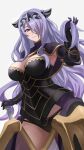  1girl absurdres armor black_panties blush breasts camilla_(fire_emblem) cleavage fire_emblem fire_emblem_fates gloves hair_ornament hair_over_one_eye hand_in_own_hair hands_in_hair highres large_breasts long_hair looking_at_viewer panties pearlbbbb purple_eyes purple_hair simple_background smile solo thighs tiara underwear very_long_hair wavy_hair 