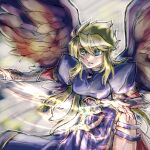  1girl angel_wings blonde_hair blue_dress breath_of_fire breath_of_fire_ii bridal_gauntlets dress gem green_eyes highres long_hair minagi_gogatsu nina_(breath_of_fire_ii) puffy_sleeves purple_wings side_slit thighs wings 