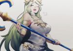  1girl armlet bare_shoulders breasts chiton circlet dress forehead_jewel gold gold_choker green_eyes green_hair highres holding holding_staff jewelry kamu_(rakugakifix) kid_icarus kid_icarus_uprising large_breasts laurel_crown long_hair neck_ring one_eye_closed palutena parted_bangs pendant solo staff strapless strapless_dress vambraces very_long_hair white_dress 