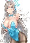  1girl animal_ears asuna_(blue_archive) asuna_(bunny)_(blue_archive) blue_archive blue_eyes blue_leotard blue_ribbon blush breasts cleavage closed_mouth covered_navel elbow_gloves fake_animal_ears gloves grey_hair hair_ornament hair_ribbon hairband heart highres large_breasts leotard long_hair looking_at_viewer mole mole_on_breast pantyhose playboy_bunny rabbit_ears ribbon sideboob simple_background smile solo sunsun2812 thighband_pantyhose white_background white_gloves white_hairband 