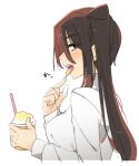  1girl black_hair brown_eyes eyes_visible_through_hair food higaragi highres holding holding_food kantai_collection long_hair long_sleeves nachi_(kancolle) open_mouth profile shaved_ice shirt side_ponytail simple_background solo tongue tongue_out upper_body white_background white_shirt 