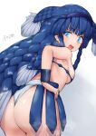  1girl absurdres armpits ass bare_shoulders blue_eyes blue_hair blush bracer braid breasts coelacanth_(kemono_friends) dark_blue_hair eyelashes fang fins flying_sweatdrops from_behind fundoshi furrowed_brow hairband hand_on_own_hip head_fins highres japanese_clothes kemono_friends kemono_friends_3 leaning_forward long_hair looking_at_viewer looking_back multicolored_eyes open_mouth revealing_clothes side_braid sideboob smile solo steaming_body sweat takara_(takara0508) twin_braids very_long_hair 