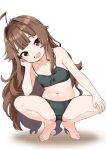  1girl ahoge black_camisole black_panties blunt_bangs breasts brown_eyes brown_hair camisole commentary_request elbow_on_knee fang full_body hand_on_own_knee head_rest head_tilt kantai_collection kuma_(kancolle) long_hair looking_at_viewer nassukun navel open_mouth panties parted_bangs small_breasts solo spread_legs squatting stomach tiptoes underwear very_long_hair white_background 