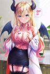  1girl absurdres bat_tattoo bat_wings black_horns black_skirt black_wings blonde_hair blurry blurry_background breast_tattoo breasts cleavage closed_mouth demon_girl frilled_shirt frills garter_straps green_eyes heart highres hololive horns labcoat large_breasts long_hair looking_at_viewer pink_shirt pointy_ears shirt skirt smile solo spoken_heart tattoo thighs virtual_youtuber wajuniorbox wings yuzuki_choco 
