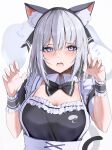  1girl 258n absurdres animal_ears black_dress blue_eyes blush breasts cat_ears cat_tail dress grey_hair highres hitodama konpaku_youmu konpaku_youmu_(ghost) looking_at_viewer open_mouth short_hair simple_background small_breasts solo tail touhou upper_body white_background wrist_cuffs 