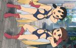  2girls arm_up armpits black_eyes black_hair black_leotard bob_cut boots brown_hair city cloak cosplay doraemon exif_rotation fujiko_f_fujio_(style) highleg highleg_leotard highres leotard looking_at_viewer minamoto_shizuka multiple_girls navel non-web_source red_footwear short_hair smile standing standing_on_one_leg tachibana_(doraemon) yellow_cloak 