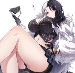  1girl belt_pouch black_footwear black_gloves black_hair black_shorts boots bracelet breasts cleavage closed_mouth crop_top crossed_legs fur_coat gloves goddess_of_victory:_nikke half_gloves highres jewelry large_breasts long_hair midori_(user_nsaz3272) midriff multicolored_hair navel parted_hair pinstripe_pattern pouch rosanna_(nikke) shirt shorts simple_background sitting smile solo split-color_hair striped striped_shirt vertical-striped_shirt vertical_stripes white_background white_hair 