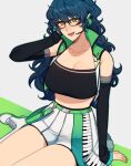  1girl absurdres aoba_tsumugi belt black_shirt blue_hair blush breasts cleavage crop_top dress ensemble_stars! genderswap genderswap_(mtf) green_belt green_eyes green_headwear grey_background headphones headset highres long_hair looking_at_viewer lummy_yummy shirt sitting solo white_dress 