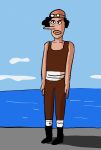  1boy afro april_fools arms_at_sides beanie black_eyes black_footwear black_hair blue_sky boots brown_pants brown_tank_top cloud collarbone full_body goggles goggles_on_head hat highres long_nose looking_at_viewer ocean one_piece outdoors pants sash sattou serious sky solo standing tank_top thick_lips usopp v-shaped_eyebrows white_sash 