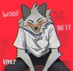  2023 anthro clothed clothing digital_media_(artwork) fully_clothed fur grey_body grey_fur hyilpi looking_at_viewer male microsoft minecraft mojang red_background signature simple_background sitting solo wolf_(minecraft) xbox_game_studios yellow_sclera 