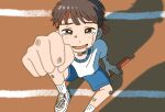  1boy blue_shorts brown_hair gym_uniform headband highres light_blush looking_at_viewer male_focus original pov red_headband relay_baton scratches shadow shirt short_hair shorts smile socks solo tearing_up track_and_field wakaba_maekawa white_footwear white_shirt white_socks 