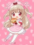  &gt;_&lt; 1girl :d apron armband bandaged_wrist bandages blush burger chibi collared_dress commentary_request dress fang food fujisawa_kamiya full_body hair_ornament hat heart heart_print highres holding holding_food light_brown_hair long_hair looking_at_viewer natori_sana nurse_cap open_mouth outline pink_apron pink_background pink_footwear pink_headwear pocket puffy_short_sleeves puffy_sleeves rabbit_hair_ornament red_armband red_eyes sana_channel short_sleeves slippers smile solo standing thighhighs two_side_up virtual_youtuber white_dress white_outline white_thighhighs 