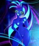 absurd_res blue_body blue_eyes breasts demon demon_humanoid detailed_background fish genitals glam_(helluva_boss) glowing hair helluva_boss hi_res humanoid iszodaart marine nipples nude open_mouth purple_hair pussy thick_thighs tongue tongue_out 