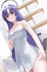  1girl absurdres bare_shoulders black_halo blue_archive blush breasts cleavage collarbone hair_down hairband halo highres indoors kurone_(kurone_ryuo) looking_at_viewer medium_breasts naked_towel parted_lips purple_hair solo standing thighs towel weight_conscious white_hairband yuuka_(blue_archive) 