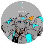  1girl ahoge animal_ears arms_up badge blue_eyes blue_hair blue_jacket blush_stickers border bright_pupils button_badge character_name circular_border closed_mouth colored_inner_hair commentary ear_covers english_text grey_background grey_jacket hair_ornament horse_ears horse_girl jacket jitome lightning_bolt_symbol limited_palette long_hair long_sleeves looking_up multicolored_clothes multicolored_hair multicolored_jacket neo_universe_(umamusume) orange_jacket pout puffy_long_sleeves puffy_sleeves single_ear_cover sleeves_past_fingers sleeves_past_wrists solo sparkle translated two_side_up umamusume ume_(pickled_plum) upper_body v-shaped_eyebrows white_border white_pupils 