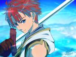  1boy adol_christin ahoge blue_eyes blue_sky dated gloves highres holding holding_sword holding_weapon looking_at_viewer ocean outdoors over_shoulder red_hair short_hair signature sky sleeveless smile solo sword sword_over_shoulder tinybiard twitter_username weapon weapon_over_shoulder ys ys_x_nordics 