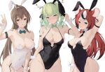  3girls absurdres alternate_costume animal_ears antlers arm_behind_head arm_strap armpits ass_visible_through_thighs bare_hips bare_shoulders black_hair black_leotard blue_eyes blush bow bowtie branch breasts brown_eyes brown_hair ceres_fauna chyraliss cleavage closed_mouth contrapposto covered_navel cowboy_shot detached_collar fake_animal_ears flower garter_straps green_hair groin hair_between_eyes hair_flower hair_ornament hakos_baelz high_ponytail highleg highleg_leotard highres hololive hololive_english large_breasts leaf leaning_to_the_side leotard long_hair looking_at_viewer medium_breasts mouse_ears mouse_girl mouse_tail multicolored_hair multiple_girls nanashi_mumei necktie open_mouth playboy_bunny ponytail rabbit_ears red_hair simple_background strapless strapless_leotard streaked_hair tail thigh_gap thigh_strap thighs v very_long_hair virtual_youtuber white_background white_hair white_leotard wrist_cuffs yellow_eyes 