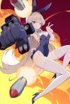  1girl animal_ears aqua_bow aqua_bowtie blonde_hair blue_archive blue_footwear blue_leotard bow bowtie closed_mouth detached_collar explosive fake_animal_ears fake_tail firing high_heels highres leotard long_hair looking_at_viewer mechanical_arms missile one_eye_closed playboy_bunny rabbit_ears rabbit_tail rx7649 single_mechanical_arm solo strapless strapless_leotard tail thighhighs toki_(blue_archive) toki_(bunny)_(blue_archive) v weapon white_thighhighs 
