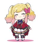  1girl aikatsu!_(series) aikatsu_stars! black_socks blonde_hair blue_bow blush_stickers boots bow chibi closed_eyes closed_mouth colored_shoe_soles epaulettes facing_viewer full_body hair_bow highres jacket kneehighs long_sleeves nijino_yume nozo_(hitomiz) open_clothes open_jacket pink_bow pleated_skirt red_jacket red_vest shirt sidelocks simple_background skirt sleeves_past_wrists socks solo standing twintails vest white_background white_footwear white_shirt white_skirt 