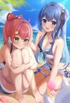  2girls absurdres beach bikini black_ribbon blue_eyes blue_hair blue_shorts blue_sky blush breasts cat_hair_ornament cet_(hajisirazunoko) cleavage closed_mouth cloud green_eyes hair_ornament hair_ribbon highres hololive hololive_summer_2023_swimsuit hoshimachi_suisei hugging_own_legs long_hair looking_at_viewer multiple_girls open_mouth ponytail puffy_cheeks red_eyes ribbon sakura_miko sand shorts side_ponytail sky small_breasts star_(symbol) star_hair_ornament striped striped_bikini swimsuit thigh_strap virtual_youtuber water 