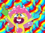  2_horns ambiguous_gender anpandough anthro bodily_fluids buckteeth clown curled_hair drooling gloves_(marking) hair horn markings monster_(moshi_monsters) moshi_monsters navel psychedelic rainbow saliva solo sweet_tooth_(moshi_monsters) teeth toony 