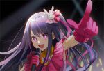  1girl :d blush dress foreshortening gloves hair_between_eyes hair_ornament hair_ribbon heart holding holding_microphone hoshino_ai_(oshi_no_ko) idol long_hair looking_at_viewer microphone multicolored_hair open_mouth oshi_no_ko penlight pink_dress pink_gloves pink_hair pink_ribbon pointing pointing_up purple_eyes purple_hair rabbit_hair_ornament rainry ribbon smile solo star-shaped_pupils star_(symbol) star_in_eye streaked_hair symbol-shaped_pupils symbol_in_eye teeth upper_body upper_teeth_only v-shaped_eyebrows 