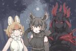  3girls animal_ears bare_shoulders black_gloves black_hair black_serval_(kemono_friends) black_shirt blush bow bowtie brown_hair cat_ears cat_girl cellien_queen_(kemono_friends) dhole_(kemono_friends) dog_ears dog_girl elbow_gloves extra_ears gloves green_eyes highres kemono_friends kemono_friends_3 light_brown_hair long_hair looking_at_viewer multicolored_hair multiple_girls orange_shirt print_bow print_bowtie print_gloves red_eyes red_hair serval_print shirt sleeveless sweatdrop toki_reatle two-tone_shirt white_bow white_bowtie white_hair white_shirt yellow_eyes 