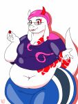  2018 3:4 4_fingers anthro batspid2 blue_clothing bottomwear breasts cel_shading cleavage clothed clothing digital_drawing_(artwork) digital_media_(artwork) dragon eyebrows eyelashes eyewear fangs female fingers front_view gem glasses headgear headwear holding_object horn love_handles markings multicolored_clothing navel overweight overweight_anthro overweight_female pants pink_clothing portrait purple_clothing red_eyes red_horn red_markings scalie shaded shadow shirt signature simple_background solo tail teeth thick_thighs three-quarter_portrait three-quarter_view topwear two_tone_clothing western_dragon white_background white_body white_horn white_skin wide_hips zelda_(calmhaw) 