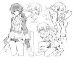  1girl ao_no_kiseki belt boots coat dog_tags eiyuu_densetsu fingerless_gloves genderswap genderswap_(mtf) gloves hair_tie_in_mouth highres holding holding_weapon kneeling lloyd_bannings long_hair low_ponytail monochrome mouth_hold multiple_views popped_collar short_shorts shorts tonfa turtleneck tying_hair weapon wendy3807 white_background zero_no_kiseki 