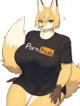  3:4 anthro baburusushi biped breasts brown_eyes canid canine clothed clothing eyelashes female fox fur hi_res looking_at_viewer mammal question_mark simple_background solo tan_body tan_fur white_background yellow_body yellow_fur 