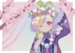  1girl 750x077 animal bead_necklace beads bellflower bird blurry blurry_background blush bow branch cherry_blossoms closed_mouth coin_hair_ornament dress flower genshin_impact hair_flower hair_ornament hat highres holding holding_animal holding_bird jewelry jiangshi light_smile long_hair long_sleeves looking_at_viewer necklace ofuda outdoors petals pink_flower purple_eyes purple_hair qing_guanmao qiqi_(genshin_impact) ribbon short_hair smile solo tree upper_body wide_sleeves 