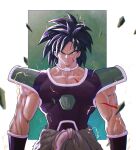  1boy absurdres black_hair border bracer broly_(dragon_ball_super) chinese_commentary closed_mouth collar commentary cowboy_shot dragon_ball dragon_ball_super dragon_ball_super_broly fur_(clothing) green_background green_eyes highres looking_at_viewer male_focus medium_hair muscular muscular_male outside_border pectorals rubble saiyan_armor scar scar_on_arm scar_on_cheek scar_on_chest scar_on_face shank solo sparks spiked_hair white_border white_collar 