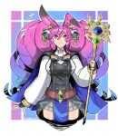 1girl absurdly_long_hair ailheim animal_ears bell black_cape black_gloves blue_cape blue_hair breasts cape cleo_(dragalia_lost) dragalia_lost fingerless_gloves gloves grin hair_bell hair_ornament highres holding holding_staff long_hair looking_at_viewer medium_breasts multicolored_hair official_alternate_costume pelvic_curtain pink_eyes pink_hair pleated_skirt rabbit_ears skirt smile solo staff teeth upper_body very_long_hair watermark 
